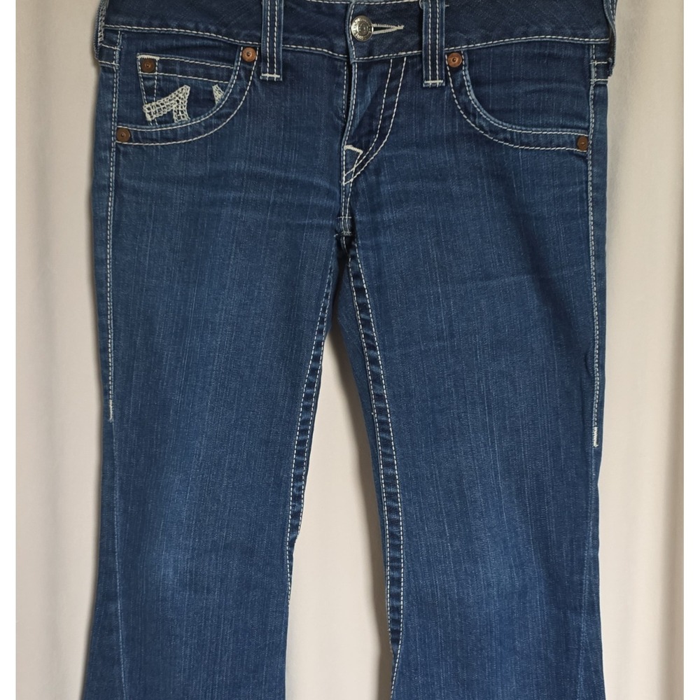 VINTAGE True Religion Women's Bell Jeans Blue Denim Embroidered Logo Size 28